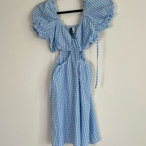 H&M Blue and White Ruffled Tie Front Midi Sundress